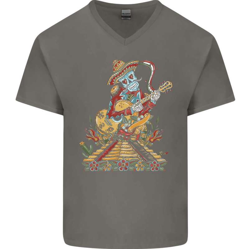 Mariachi Sugar Skull Day of the Dead Guitar Mens V-Neck Cotton T-Shirt Charcoal
