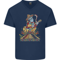 Mariachi Sugar Skull Day of the Dead Guitar Mens V-Neck Cotton T-Shirt Navy Blue