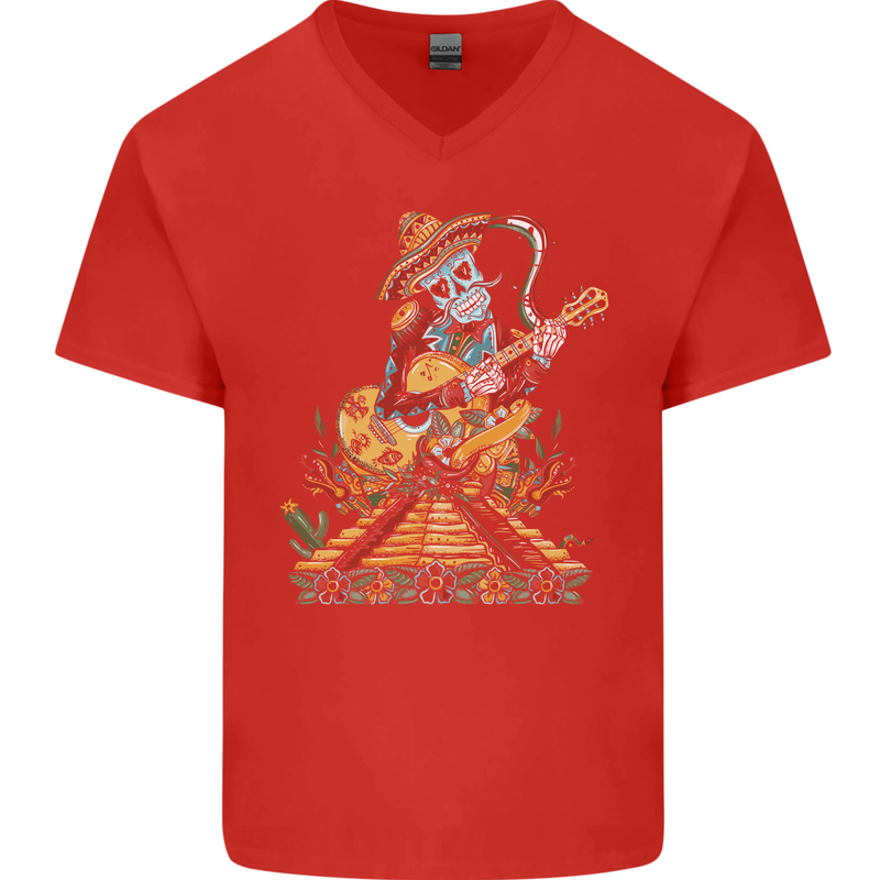 Mariachi Sugar Skull Day of the Dead Guitar Mens V-Neck Cotton T-Shirt Red