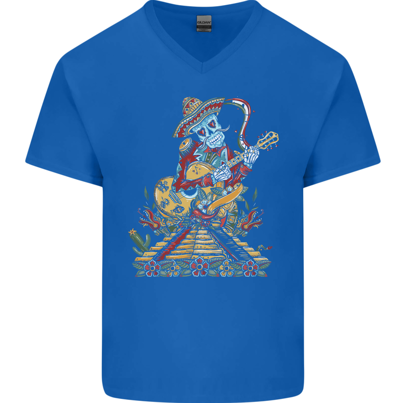 Mariachi Sugar Skull Day of the Dead Guitar Mens V-Neck Cotton T-Shirt Royal Blue