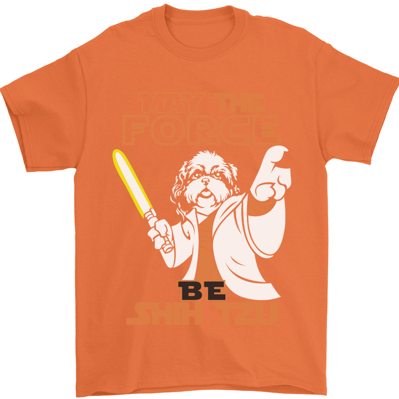 May the Force Be Shih Tzu Funny Dog Mens T-Shirt Cotton Gildan Orange