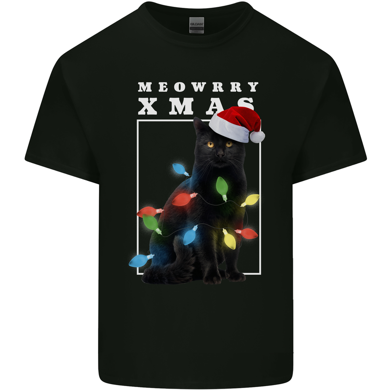 Meowy Christmas Tree Funny Cat Xmas Mens Cotton T-Shirt Tee Top Black