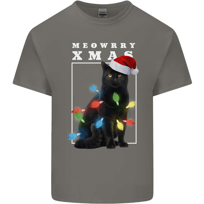 Meowy Christmas Tree Funny Cat Xmas Mens Cotton T-Shirt Tee Top Charcoal