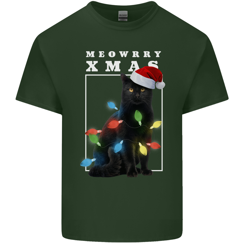 Meowy Christmas Tree Funny Cat Xmas Mens Cotton T-Shirt Tee Top Forest Green
