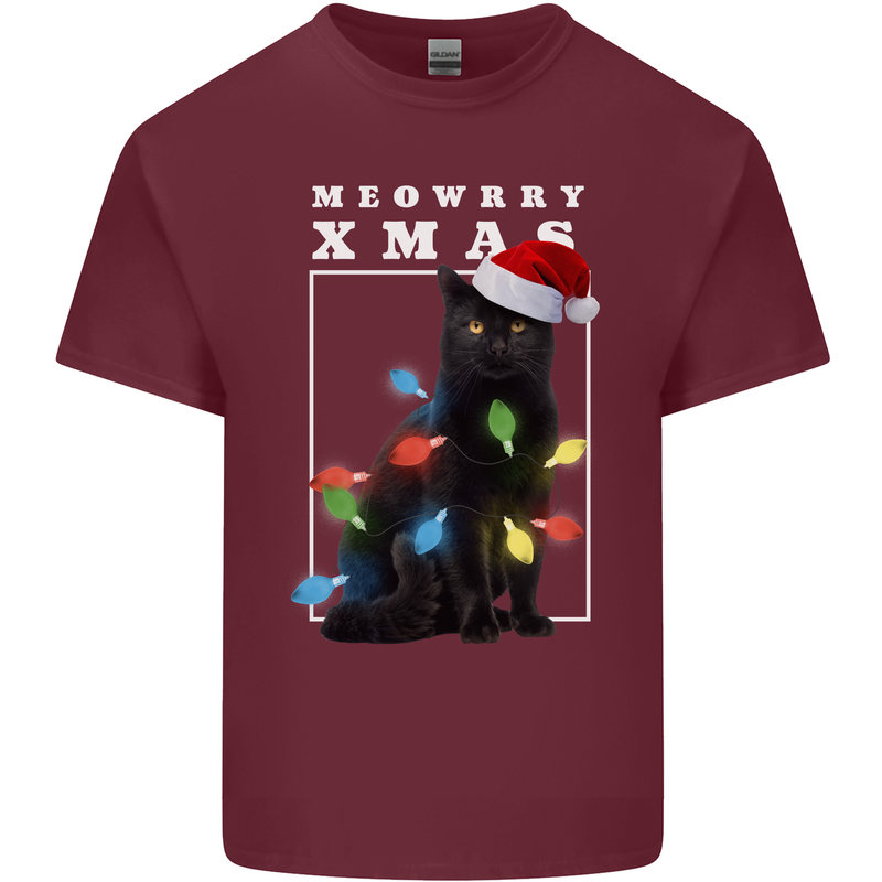 Meowy Christmas Tree Funny Cat Xmas Mens Cotton T-Shirt Tee Top Maroon