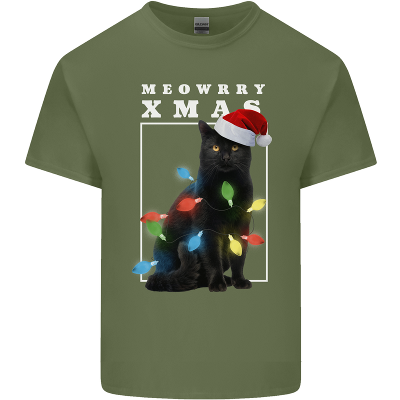Meowy Christmas Tree Funny Cat Xmas Mens Cotton T-Shirt Tee Top Military Green