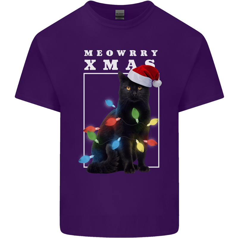 Meowy Christmas Tree Funny Cat Xmas Mens Cotton T-Shirt Tee Top Purple