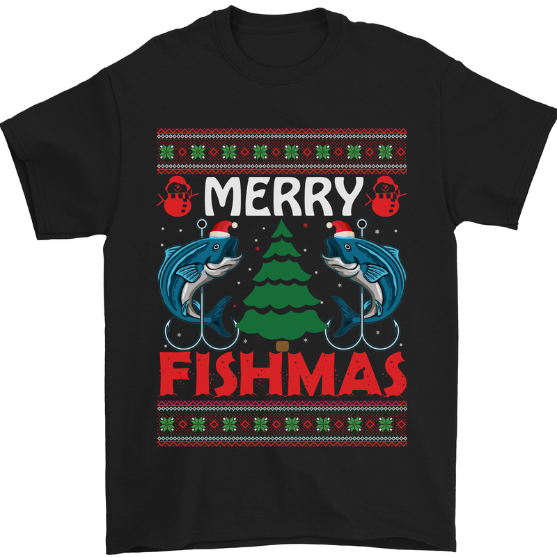 Merry Fishmas Funny Christmas Fishing Mens T-Shirt Cotton Gildan Black