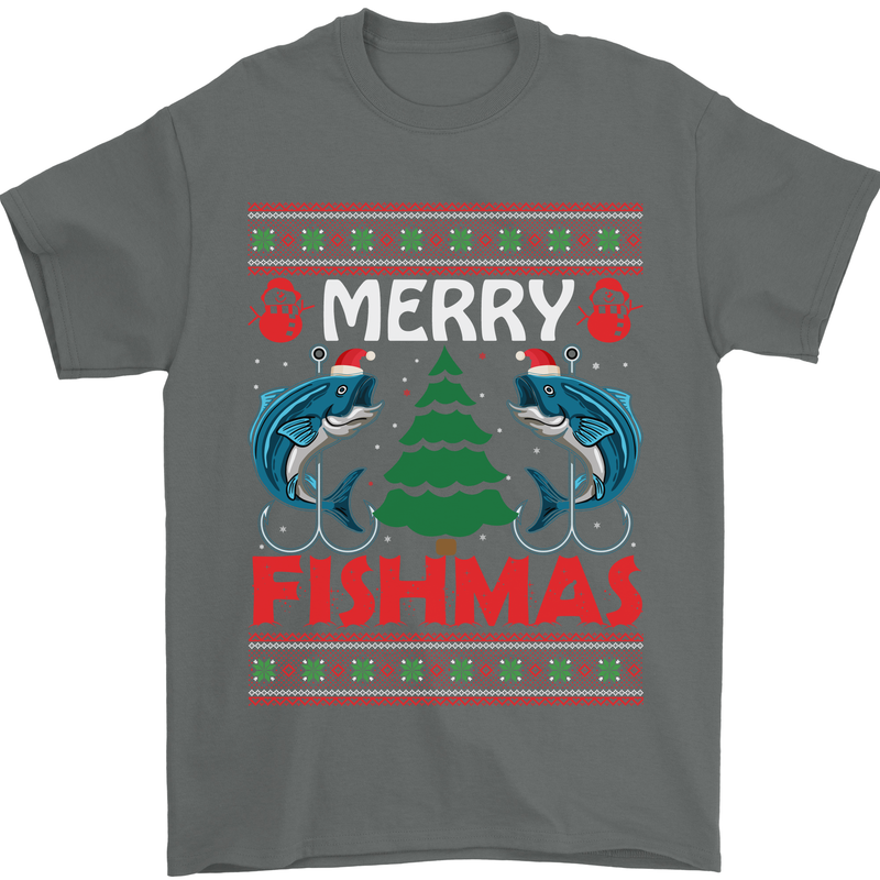 Merry Fishmas Funny Christmas Fishing Mens T-Shirt Cotton Gildan Charcoal