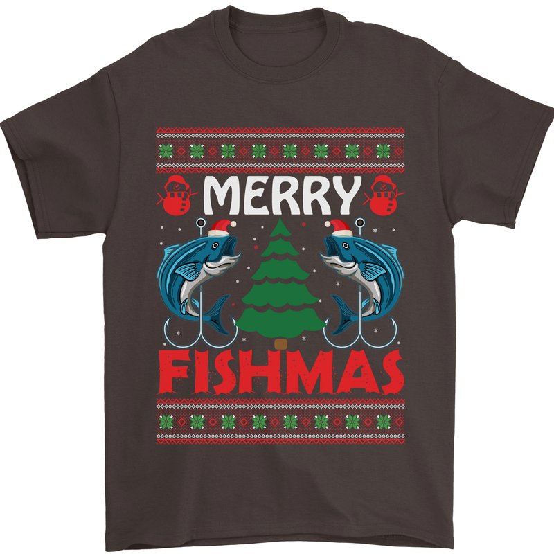 Merry Fishmas Funny Christmas Fishing Mens T-Shirt Cotton Gildan Dark Chocolate
