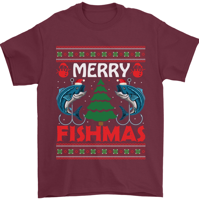 Merry Fishmas Funny Christmas Fishing Mens T-Shirt Cotton Gildan Maroon