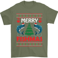 Merry Fishmas Funny Christmas Fishing Mens T-Shirt Cotton Gildan Military Green