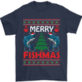 Merry Fishmas Funny Christmas Fishing Mens T-Shirt Cotton Gildan Navy Blue