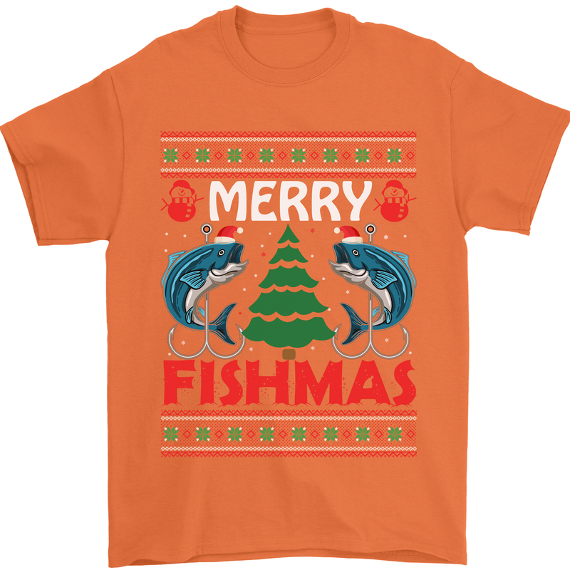 Merry Fishmas Funny Christmas Fishing Mens T-Shirt Cotton Gildan Orange