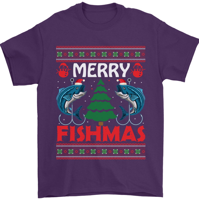 Merry Fishmas Funny Christmas Fishing Mens T-Shirt Cotton Gildan Purple