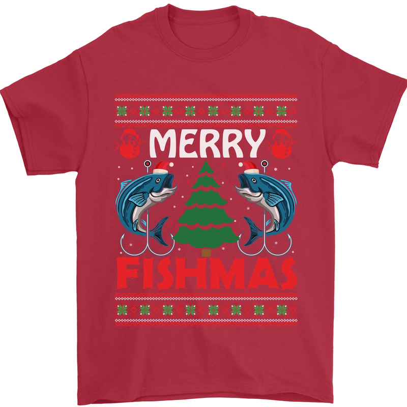 Merry Fishmas Funny Christmas Fishing Mens T-Shirt Cotton Gildan Red