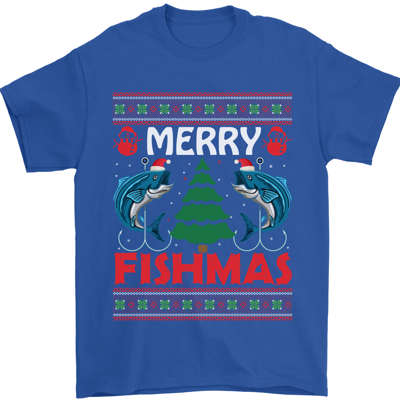 Merry Fishmas Funny Christmas Fishing Mens T-Shirt Cotton Gildan Royal Blue