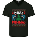 Merry Fishmas Funny Christmas Fishing Mens V-Neck Cotton T-Shirt Black