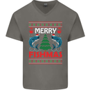 Merry Fishmas Funny Christmas Fishing Mens V-Neck Cotton T-Shirt Charcoal