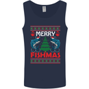 Merry Fishmas Funny Christmas Fishing Mens Vest Tank Top Navy Blue