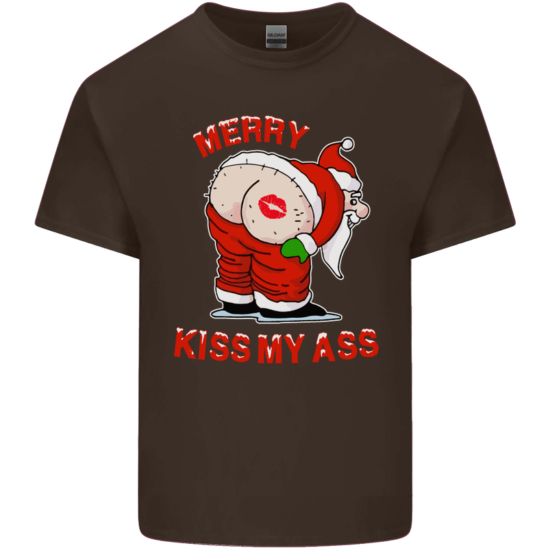 Merry Kiss My Ass Funny Christmas Mens Cotton T-Shirt Tee Top Dark Chocolate