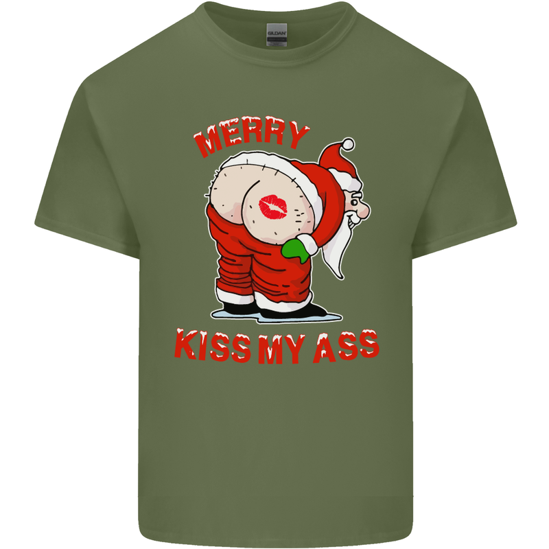 Merry Kiss My Ass Funny Christmas Mens Cotton T-Shirt Tee Top Military Green
