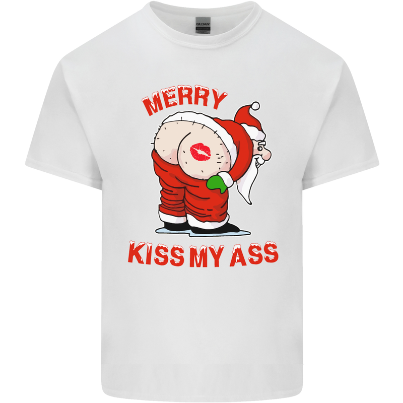 Merry Kiss My Ass Funny Christmas Mens Cotton T-Shirt Tee Top White