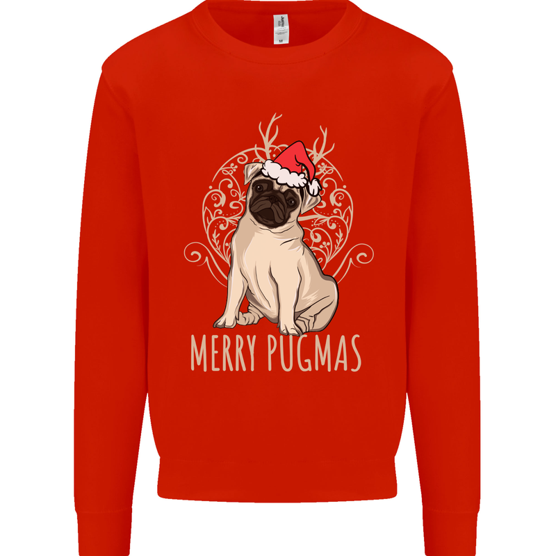 Merry Pugmas Funny Christmas Pug Kids Sweatshirt Jumper Bright Red