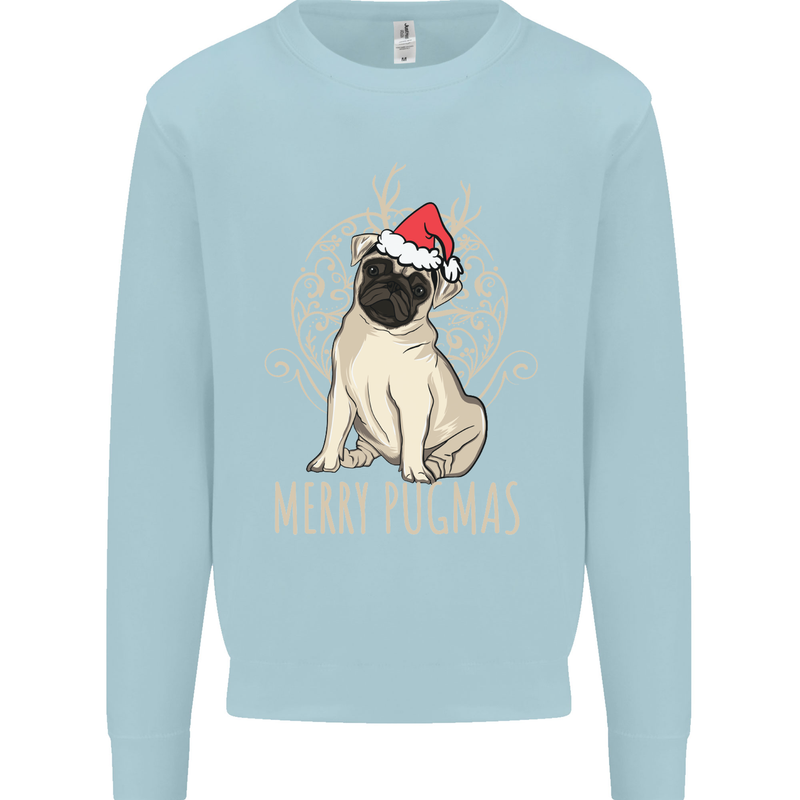 Merry Pugmas Funny Christmas Pug Kids Sweatshirt Jumper Light Blue
