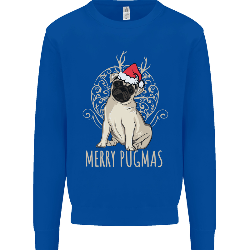 Merry Pugmas Funny Christmas Pug Kids Sweatshirt Jumper Royal Blue