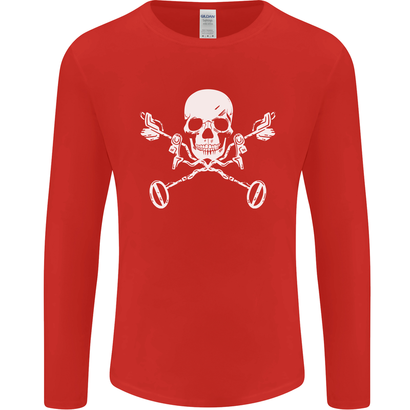Metal Detector Skull Detecting Mens Long Sleeve T-Shirt Red