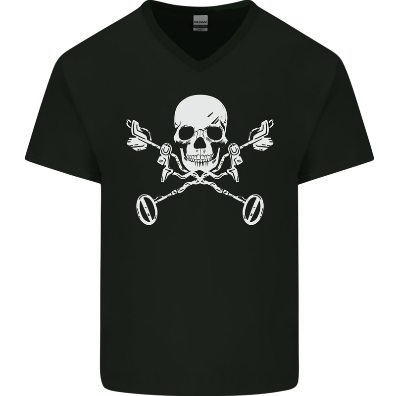 Metal Detector Skull Detecting Mens V-Neck Cotton T-Shirt Black