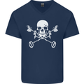 Metal Detector Skull Detecting Mens V-Neck Cotton T-Shirt Navy Blue