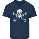Metal Detector Skull Detecting Mens V-Neck Cotton T-Shirt Navy Blue
