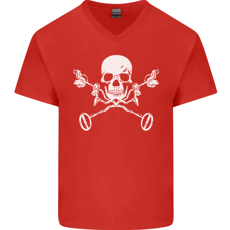 Metal Detector Skull Detecting Mens V-Neck Cotton T-Shirt Red