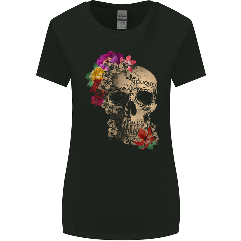 Mexique Sugar Skull Day of the Dead DOTD Womens Wider Cut T-Shirt Black