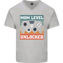 Mom Level Unlocked New Mommy Baby Born Mens V-Neck Cotton T-Shirt Sports Grey