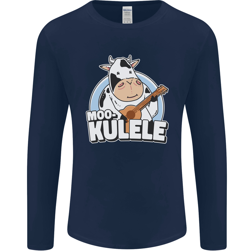 Mookulele Funny Cow Playing Ukulele Guitar Mens Long Sleeve T-Shirt Navy Blue