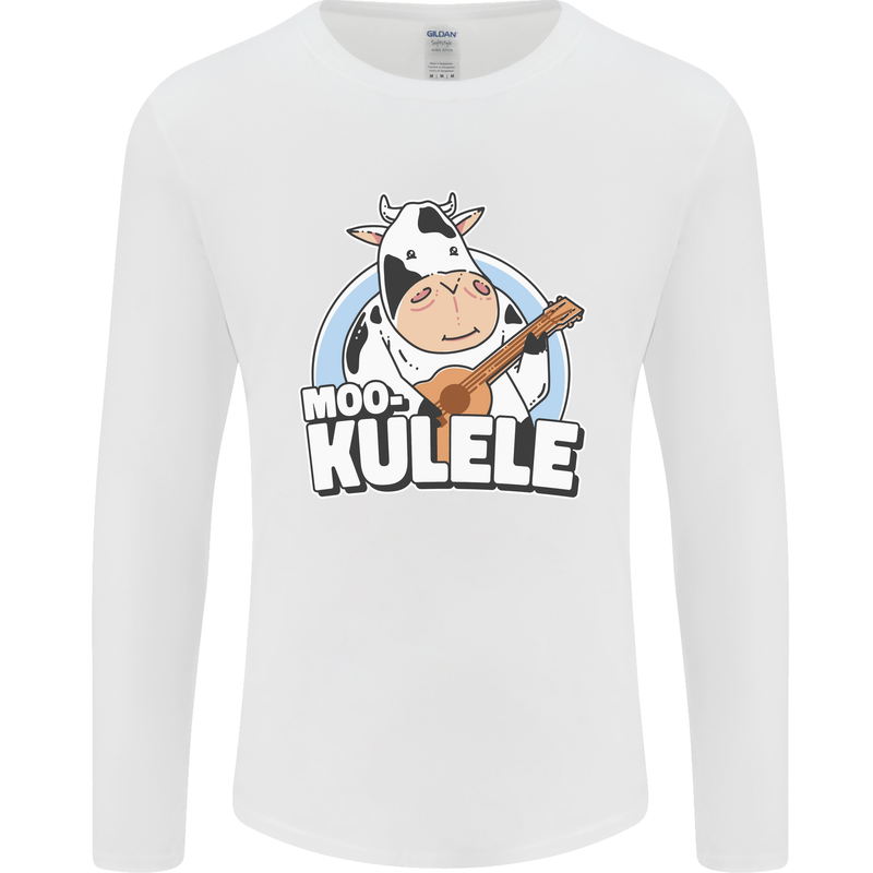 Mookulele Funny Cow Playing Ukulele Guitar Mens Long Sleeve T-Shirt White
