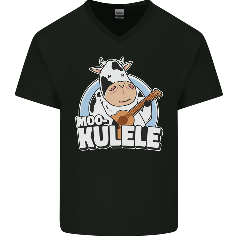Mookulele Funny Cow Playing Ukulele Guitar Mens V-Neck Cotton T-Shirt Black