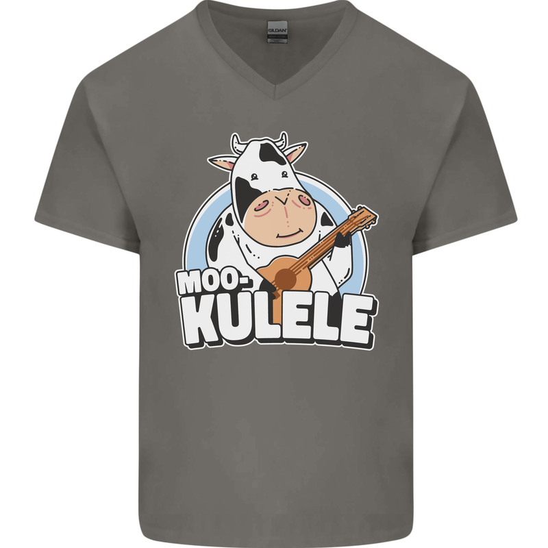 Mookulele Funny Cow Playing Ukulele Guitar Mens V-Neck Cotton T-Shirt Charcoal