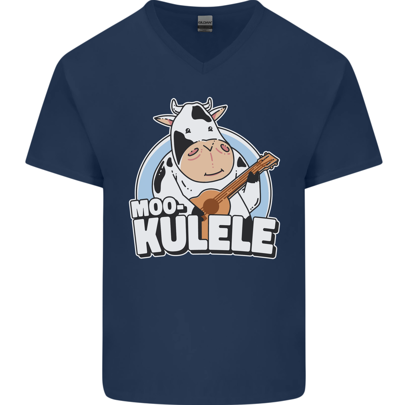 Mookulele Funny Cow Playing Ukulele Guitar Mens V-Neck Cotton T-Shirt Navy Blue