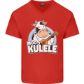 Mookulele Funny Cow Playing Ukulele Guitar Mens V-Neck Cotton T-Shirt Red