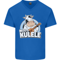 Mookulele Funny Cow Playing Ukulele Guitar Mens V-Neck Cotton T-Shirt Royal Blue