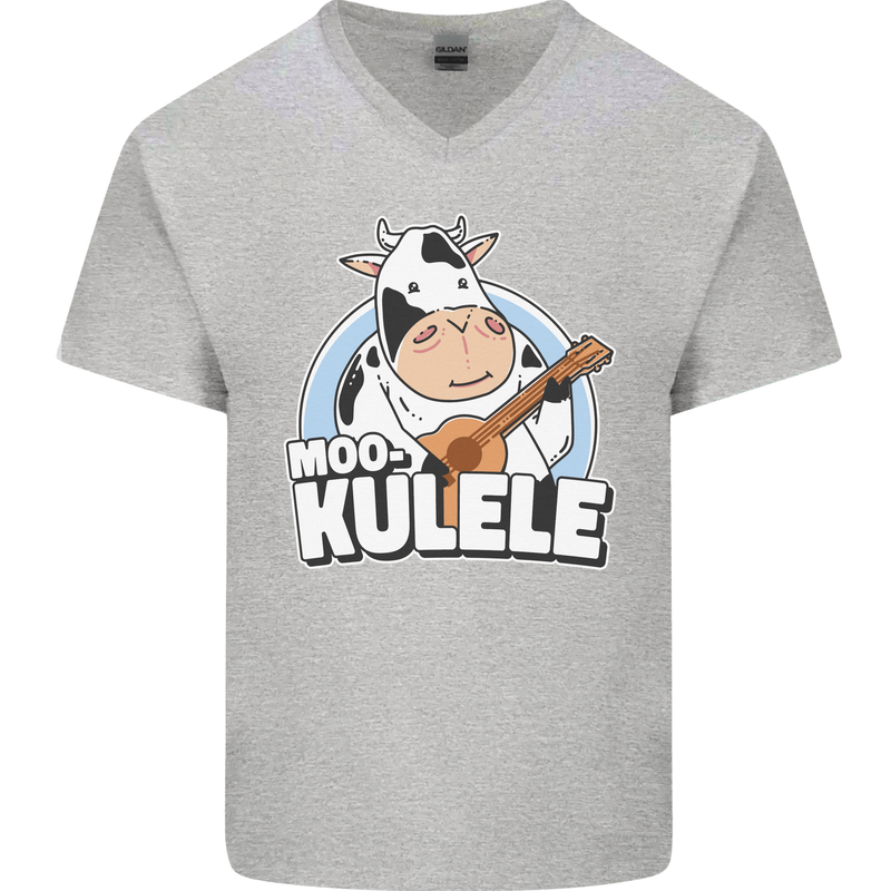 Mookulele Funny Cow Playing Ukulele Guitar Mens V-Neck Cotton T-Shirt Sports Grey