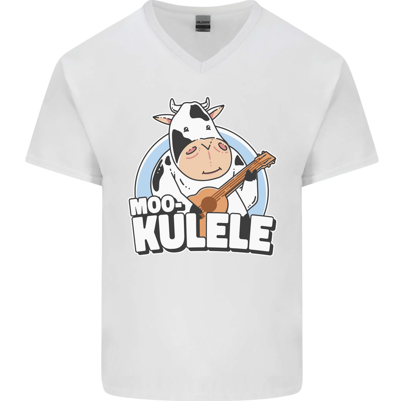 Mookulele Funny Cow Playing Ukulele Guitar Mens V-Neck Cotton T-Shirt White