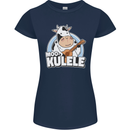 Mookulele Funny Cow Playing Ukulele Guitar Womens Petite Cut T-Shirt Navy Blue