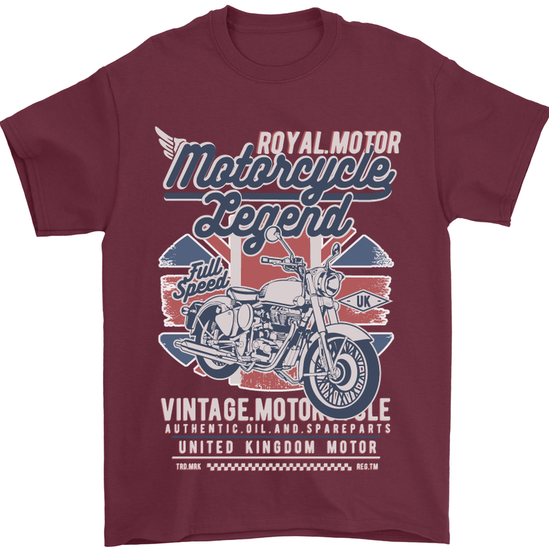 Motorcycle Legend Biker Union Jack British Mens T-Shirt Cotton Gildan Maroon