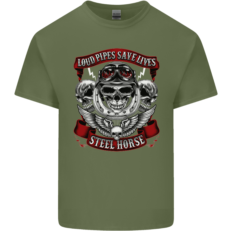 Motorcycle Lound Pipes Saves Lives Biker Mens Cotton T-Shirt Tee Top Military Green