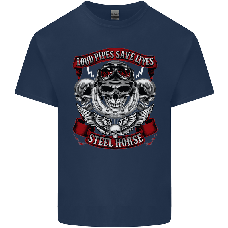 Motorcycle Lound Pipes Saves Lives Biker Mens Cotton T-Shirt Tee Top Navy Blue